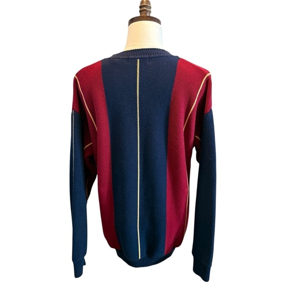 Vintage 90s Color Block Sweater Size XL Striped Navy Red V-neck Preppy Rugby - Picture 4 of 9